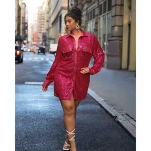 NWT! Sapphire Sequin Oversized Shirt Dress | Fuchsia | Size 2X